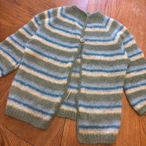 Handmade Mohair Blend Striped Cardigan Abalone Button Fuzzy Chic Knit M - Picture 2 of 7